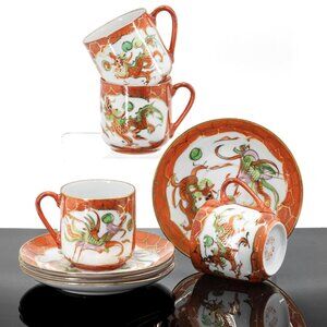 Chinese Dragon Phoenix | Hand Painted Porcelain China | Teacup/Saucer | Set 4